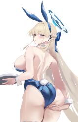 1girl animal_ears ass back blue_archive blue_eyes blue_halo blue_leotard blush breasts fake_animal_ears fake_tail halo hand_on_own_ass highres holding holding_tray kasumi_saika large_breasts leotard long_hair looking_at_viewer looking_back playboy_bunny rabbit_ears rabbit_tail sideboob simple_background solo tail toki_(blue_archive) toki_(bunny)_(blue_archive) tray white_background wrist_cuffs