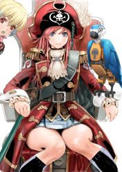 Rule 34 | 2girls, absurdres, belt, bird, blonde hair, commentary request, epaulettes, frilled sleeves, frills, hat, highres, katou marika, knees together feet apart, looking at viewer, miniskirt, miniskirt pirates, misa grandwood, multiple girls, parrot, parted lips, pink hair, pirate costume, pirate hat, red eyes, skirt, skull and crossbones, smile, thighs, white background, yasuda akira