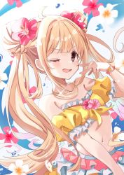 Rule 34 | 1girl, ahoge, bikini, blonde hair, blunt bangs, bracelet, collarbone, commentary request, flower, futaba anzu, hair flower, hair ornament, highres, idolmaster, idolmaster cinderella girls, idolmaster cinderella girls starlight stage, jewelry, long hair, looking at viewer, navel, necklace, one eye closed, open mouth, purple eyes, rino cnc, solo, swimsuit, twintails, very long hair