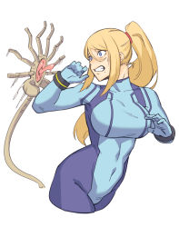 Rule 34 | 1girl, alien (1979), alien (series), blonde hair, blue bodysuit, blue eyes, blue gloves, blush, bodysuit, breasts, covered navel, cropped legs, dyun, facehugger, gloves, hair between eyes, hands up, highres, large breasts, metroid, metroid (classic), mole, mole under mouth, nintendo, ponytail, samus aran, scared, simple background, solo, white background, wide-eyed, zero suit
