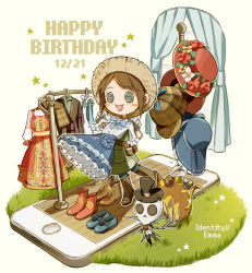 Rule 34 | 1boy, 1girl, apron, bad id, bad pixiv id, blue dress, blush, brown footwear, brown hair, button eyes, buttons, cat, cellphone, character name, clothes rack, copyright name, dress, emma woods, freckles, grass, happy birthday, hat, hat feather, identity v, jack (identity v), kouri (kyorosuukeeeeeee), phone, red dress, shoes, smartphone, straw hat, sun hat, unworn dress, unworn hat, unworn headwear, unworn shoes, window