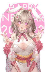 Rule 34 | 1girl, 2023, :d, animal ears, bare shoulders, blonde hair, blush, breasts, chinese zodiac, cleavage, cleavage cutout, clothing cutout, commentary request, detached sleeves, double v, english text, frilled leotard, frilled sleeves, frills, hair between eyes, hair intakes, hair ornament, highres, large breasts, leotard, long hair, looking at viewer, neck ribbon, obi, open mouth, original, purple eyes, rabbit ears, red ribbon, ribbon, sash, shio kouji (shiokojii), smile, solo, teeth, two side up, upper teeth only, v, white leotard, x hair ornament, year of the rabbit