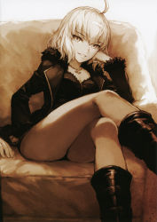 Rule 34 | 1girl, absurdres, ahoge, black coat, black dress, black footwear, breasts, cleavage, coat, crossed legs, dress, fate/grand order, fate (series), fur-trimmed coat, fur trim, grin, head rest, highres, jeanne d&#039;arc (fate), jeanne d&#039;arc alter (fate), jeanne d&#039;arc alter (ver. shinjuku 1999) (fate), jewelry, limited palette, long sleeves, looking at viewer, medium breasts, necklace, official alternate costume, open clothes, open coat, short dress, short hair, silver hair, sitting, smile, solo, yellow eyes