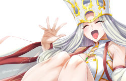 Rule 34 | 1girl, bare shoulders, blush, breast curtains, breasts, closed eyes, crown, dress, dress of heaven, eyelashes, fate/grand order, fate (series), forehead, irisviel von einzbern, irisviel von einzbern (caster), knees up, large breasts, long hair, long sleeves, looking at viewer, navel, open mouth, parted bangs, smile, solo, torichamaru, white dress, white hair