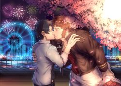 Rule 34 | 2boys, alternate costume, artist name, beard, black hair, brown hair, cherry blossoms, closed eyes, couple, facial hair, fate/grand order, fate (series), fireworks, flower, fujimaru ritsuka (male), goatee, hand on another&#039;s shoulder, highres, holding, holding flower, kiss, long sideburns, long sleeves, male focus, multiple boys, muscular, napoleon bonaparte (fate), open clothes, open shirt, pants, pectoral cleavage, pectorals, shirt, sideburns, sleeves rolled up, tree, upper body, valentine, white pants, yaekaidou, yaoi