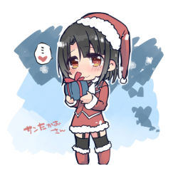Rule 34 | 10s, 1girl, adapted costume, blush, boots, chibi, dress, garter straps, gift, hat, holding, holding gift, kantai collection, kona sleipnir, looking at viewer, parted bangs, red dress, red eyes, santa boots, santa costume, santa hat, short hair, smile, solo, takao (kancolle), thighhighs, zettai ryouiki