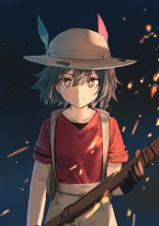 Rule 34 | &gt;:), 10s, 1girl, backpack, bag, black gloves, black hair, brown eyes, bucket hat, collarbone, cowboy shot, feathers, fire, gloves, hair between eyes, hat, hat feather, holding, huanxiang heitu, kaban (kemono friends), kemono friends, looking at viewer, night, outdoors, red shirt, shirt, short hair, short sleeves, shorts, sky, smile, solo, spoilers, torch, tsurime, upper body, v-shaped eyebrows, white hat, white shorts