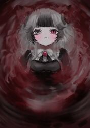 Rule 34 | 1girl, ambiguous red liquid, animal ears, black dress, brooch, cat ears, closed mouth, dress, grey eyes, grey hair, heterochromia, highres, jewelry, long hair, looking at viewer, mole, mole under mouth, original, partially submerged, red eyes, ripples, shiona (siona0625), solo, straight-on, upper body
