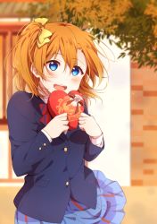Rule 34 | 1girl, :d, blue eyes, blue jacket, blue skirt, blush, bow, bowtie, box, day, floating hair, hair between eyes, hair bow, heart-shaped box, highres, jacket, kosaka honoka, long sleeves, looking at viewer, love live!, love live! school idol project, miniskirt, oda (101511a), open mouth, orange hair, outdoors, pleated skirt, red bow, red bowtie, short hair, side ponytail, skirt, smile, solo, standing, striped bow, striped bowtie, striped clothes, striped neckwear, valentine, yellow bow