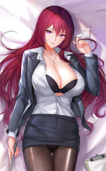 Rule 34 | 1girl, breasts, business suit, clipboard, fate (series), formal, glasses, highres, large breasts, red eyes, scathach (fate), solo, suit, tagme, tsuki no i-min