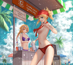 Rule 34 | 2girls, 3boys, :d, arm across waist, bare shoulders, bikini, blonde hair, blue male swimwear, blue swim trunks, braid, breasts, can, character request, cleavage, cloud, collarbone, convenient censoring, cowboy shot, cumulonimbus cloud, dappled sunlight, day, drawstring, english text, exhibitionism, fate/grand order, fate (series), gluteal fold, green eyes, green male swimwear, green swim trunks, headpiece, highres, holding, holding can, jeanne d&#039;arc (fate), large breasts, long hair, looking at viewer, male swimwear, medium breasts, mordred (fate), mordred (fate) (all), mordred (swimsuit rider) (fate), multiple boys, multiple girls, navel, one piece, open mouth, outdoors, palm tree, ponytail, public indecency, purple bikini, purple eyes, red male swimwear, red swim briefs, red swim trunks, roronoa zoro, short hair, short ponytail, single braid, smile, stomach, sunlight, swim briefs, swim trunks, swimsuit, topless, towel, towel around neck, tree, underboob, v, very long hair, yuzuriha (atelier liang)