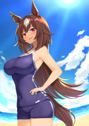 Rule 34 | 1girl, animal ears, bare arms, bare shoulders, blue one-piece swimsuit, blue sky, breasts, brown hair, cloud, commentary request, covered navel, day, hand on own hip, highres, horizon, horse ears, horse girl, horse tail, large breasts, long hair, looking at viewer, multicolored hair, ocean, one-piece swimsuit, outdoors, parted lips, sakikumo (sakumo), sirius symboli (umamusume), sky, smile, solo, sun, swimsuit, tail, two-tone hair, umamusume, very long hair, water, white hair
