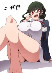 Rule 34 | 1girl, absurdres, anosillus ii, barefoot, breasts, brown eyes, cobra no oyatsu, collared shirt, earrings, fangs, glasses, green hair, grey jacket, gridman universe, hair behind ear, heart, heart earrings, highres, id card, jacket, jewelry, large breasts, office lady, open mouth, shirt, sitting, smile, solo, ssss.dynazenon, thighs, white background, white shirt