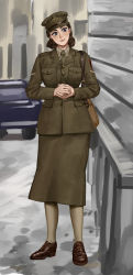 Rule 34 | 1girl, absurdres, auxiliary territorial service, bag, british army, car, full body, handbag, hat, highres, jacket, military, military uniform, motor vehicle, necktie, original, own hands clasped, own hands together, peaked cap, remora25, shirt, skirt, smile, standing, uniform, united kingdom, world war ii