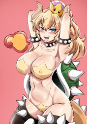 Rule 34 | &gt;:d, &gt;:p, 1girl, :d, :p, absurdres, armlet, armpits, arms behind back, arms behind head, arms up, black thighhighs, blonde hair, blue eyes, blush, bowsette, breasts, brown horns, cameltoe, cleavage, collar, collarbone, covered erect nipples, crown, fang, female focus, fire, hair between eyes, highres, horns, large breasts, legband, long hair, looking at viewer, maebari, mario (series), monster girl, navel, new super mario bros. u deluxe, nintendo, open mouth, pasties, pink background, ponytail, revealing clothes, shell, simple background, smile, solo, spiked armlet, spiked collar, spiked legband, spiked shell, spiked tail, spikes, standing, star maebari, star pasties, super crown, tail, thighhighs, tongue, tongue out, turtle shell, virusotaku