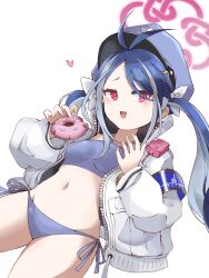 Rule 34 | 1girl, antenna hair, armband, bikini, blue archive, blue armband, blue bikini, blue hair, blush, bow, breasts, cowboy shot, doughnut, dutch angle, fang, food, fubuki (blue archive), hair bow, halo, hands up, heart, highres, holding doughnut, jacket, long hair, long sleeves, looking at viewer, multicolored hair, navel, open clothes, open jacket, open mouth, parted bangs, red eyes, short eyebrows, side-tie bikini bottom, skin fang, small breasts, solo, stomach, streaked hair, swimsuit, twintails, uni gyoza, walkie-talkie, white background, white bow, white jacket