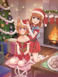Rule 34 | absurdres, atorie, bell, blue eyes, blush, cat girl, christmas, christmas stocking, christmas tree, commission, embarrassed, fire emblem, fire emblem: radiant dawn, fireplace, hat, highres, kneeling, lethe (fire emblem), mist (fire emblem), neck bell, nintendo, pixiv commission, purple eyes, santa hat, smile, tail