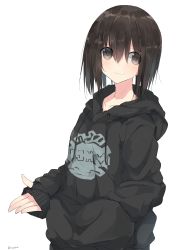 Rule 34 | 1girl, absurdres, closed mouth, collarbone, grey background, hair between eyes, hand in pocket, highres, hood, hoodie, looking at viewer, nao (qqqbb), original, outstretched hand, short hair, simple background, sleeves past wrists, smile, solo, twitter username, upper body