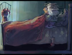 Rule 34 | 2girls, bed, bed sheet, braid, character doll, clownpiece, commentary request, french braid, hat, jester cap, kishin sagume, koto inari, letterboxed, multiple girls, neck ruff, out of frame, pillow, touhou, under bed