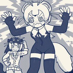 Rule 34 | 2girls, @ @, animal ears, antenna hair, arm up, arms up, bare shoulders, blush, closed mouth, collared shirt, cosplay, costume switch, dated, elbow gloves, embarrassed, extra ears, fingerless gloves, front zipper swimsuit, furrowed brow, giant otter (kemono friends), giant otter (kemono friends) (cosplay), gloves, hand on own hip, highres, inada roku, jacket, kemono friends, long hair, looking at another, looking down, meme attire, microskirt, monochrome, multicolored hair, multiple girls, necktie, nose blush, one-piece swimsuit, open mouth, otter ears, otter girl, otter tail, panties, shirt, skirt, smile, spread fingers, stoat (kemono friends), stoat (kemono friends) (cosplay), sweat, swimsuit, tail, tan, thighhighs, two-tone swimsuit, underwear, v-shaped eyebrows, weasel ears, weasel girl, weasel tail, wing collar, zipper, zipper pull tab