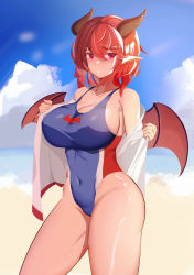 Rule 34 | absurdres, ankh man, beach, breasts, cleavage, competition swimsuit, covered navel, demon girl, guardian tales, highres, horns, large breasts, lifeguard yuze, looking at viewer, one-piece swimsuit, open clothes, open mouth, pointy ears, red eyes, red hair, red wings, short hair, solo, swimsuit, thighs, wings
