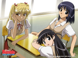 Rule 34 | 00s, 2005, 3girls, black eyes, black hair, blonde hair, classroom, company name, copyright name, desk, indoors, long hair, looking at viewer, looking back, multiple girls, official art, puffy short sleeves, puffy sleeves, purple hair, sawachika eri, school, school desk, school rumble, school uniform, short hair, short sleeves, suou mikoto (school rumble), tsukamoto tenma, twintails, two side up