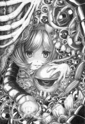 Rule 34 | 1girl, absurdres, bug, centipede, commentary request, fingernails, graphite (medium), greyscale, grin, hairband, heart, highres, holding eye, horror (theme), komeiji satori, looking at viewer, medium hair, monochrome, ribs, sek-it, smile, solo, third eye, too many eyes, touhou, traditional media