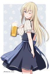 Rule 34 | 1girl, alcohol, beer, beer mug, bismarck (kancolle), blonde hair, blush, breasts, cross, cup, dirndl, foam, german clothes, german text, highres, holding, holding cup, iron cross, kantai collection, large breasts, long hair, mug, natsume (natsume melio), one eye closed, short sleeves, simple background, skirt hold, smile, solo, twitter username
