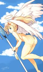 Rule 34 | 1girl, 2017, angel, angel wings, artist name, ass, back, barefoot, blonde hair, blue eyes, blue sky, breasts, cloud, cloudy sky, completely nude, dated, day, feathered wings, from behind, halo, holding, holding staff, kitaro2000, long hair, looking at viewer, looking back, medium breasts, mercy (overwatch), midair, nude, outdoors, overwatch, overwatch 1, parted lips, pointy ears, profile, signature, sky, solo, spread wings, staff, white wings, wings