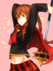 Rule 34 | 1girl, absurdres, blush, braid, brown hair, capelet, character name, cinque (fft-0), drill hair, final fantasy, final fantasy type-0, flower, green eyes, highres, long hair, mace, midriff, navel, pink background, simple background, skirt, solo, weapon, yuunan