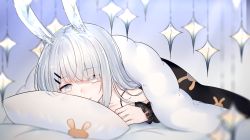 Rule 34 | 1girl, animal ears, arknights, bad id, bad pixiv id, blanket, commentary request, frostnova (arknights), grey eyes, highres, long hair, looking at viewer, ookamisama, pillow, rabbit ears, sidelocks, silver hair, smile, solo, spaghetti strap, under covers