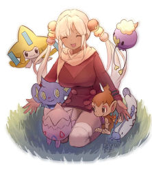Rule 34 | 1girl, artist name, barboach, breasts, chimchar, closed eyes, creatures (company), crossover, dark-skinned female, dark skin, dated, drifloon, flame-tipped tail, game freak, gen 2 pokemon, gen 3 pokemon, gen 4 pokemon, grass, highres, holocouncil, hololive, hololive english, jirachi, kneeling, large breasts, legendary pokemon, long hair, mythical pokemon, nintendo, poke ball hair ornament, pokemon, pokemon (creature), pokemon bdsp, pokemon dppt, pokemon platinum, punished pigeon, scarf, shinx, smile, thighhighs, togepi, tsukumo sana, twintails, virtual youtuber