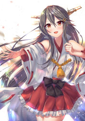 Rule 34 | 1girl, bare shoulders, black hair, blush, cowboy shot, detached sleeves, frilled skirt, frills, hair between eyes, haruna (kancolle), haruna kai ni (kancolle), headgear, japanese clothes, kantai collection, long hair, nontraditional miko, open mouth, orange eyes, pleated skirt, red skirt, ribbon-trimmed sleeves, ribbon trim, skirt, smile, solo, suou sakura, wide sleeves