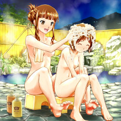 Rule 34 | 00s, 10gallon, 2girls, age difference, barefoot, bath stool, blush, breasts, brown eyes, brown hair, bubble, closed eyes, feet, flat chest, hair up, hand in own hair, hidaka ai, hidaka mai, highres, idolmaster, idolmaster dearly stars, long hair, mother and daughter, multiple girls, nude, onsen, open mouth, shampoo, short hair, sitting, smile, soles, steam, stool, toes, towel, washing hair, water