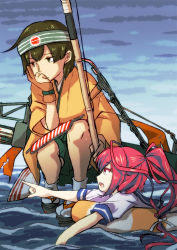 Rule 34 | 2girls, ahoge, arrow (projectile), bow (weapon), brown eyes, brown hair, commentary request, day, flight deck, gloves, green hakama, hair ribbon, hakama, hakama short skirt, hakama skirt, head rest, headband, hiryuu (kancolle), i-168 (kancolle), innertube, iwana, japanese clothes, kantai collection, kimono, long hair, long sleeves, looking away, looking to the side, machinery, multiple girls, ocean, open mouth, orange kimono, partially fingerless gloves, partially submerged, partly fingerless gloves, pink hair, pointing, ponytail, quiver, red hair, remodel (kantai collection), ribbon, rigging, rudder footwear, school uniform, serafuku, shaded face, short hair, short sleeves, skirt, sky, squatting, swim ring, tabi, torn clothes, water, weapon, yugake