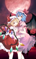 Rule 34 | 2girls, absurdres, bat wings, blonde hair, blue hair, bow, closed mouth, commentary, crystal, dress, flandre scarlet, full moon, hat, hat ribbon, highres, mob cap, moon, multiple girls, nail polish, one eye closed, orchid (orukido), outdoors, pink headwear, pink shirt, pink skirt, red dress, red eyes, red moon, red nails, red ribbon, remilia scarlet, ribbon, shirt, short hair, short sleeves, siblings, sisters, skirt, smile, touhou, white bow, white headwear, wings, wrist cuffs