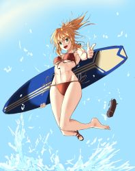 Rule 34 | 1girl, absurdres, bikini, blonde hair, blue background, breasts, commentary request, artistic error, fate/grand order, fate (series), finger gun, from below, front-tie bikini top, front-tie top, full body, green eyes, groin, halterneck, highres, jumping, looking at viewer, mordred (fate), mordred (fate) (all), mordred (fate/apocrypha), mordred (swimsuit rider) (fate), mordred (swimsuit rider) (first ascension) (fate), navel, negajo, ponytail, red bikini, unworn sandal, sandals, unworn sandals, shoe loss, shoes, side-tie bikini bottom, single shoe, small breasts, solo, splashing, string bikini, surfboard, swimsuit, underboob, wrong foot