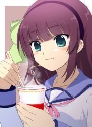 Rule 34 | 1girl, :t, angel beats!, blunt bangs, border, bow, brown background, chopsticks, close-up, closed mouth, commentary request, cup, eating, eyes visible through hair, food, green bow, green eyes, hair bow, hands up, highres, holding, holding chopsticks, holding cup, lelie (lelie link), light blush, long sleeves, medium hair, nakamura yuri, neckerchief, nissin cup noodle, noodles, pink neckerchief, purple hair, shinda sekai sensen uniform, shirt, sidelocks, simple background, solo, steam, straight hair, white border, white shirt