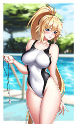 Rule 34 | 1girl, absurdres, blue eyes, blurry, blurry background, blush, breasts, collarbone, competition swimsuit, covered navel, cowboy shot, day, fate/grand order, fate (series), high ponytail, highres, jeanne d&#039;arc (fate), jeanne d&#039;arc (ruler) (fate), jeanne d&#039;arc (swimsuit archer) (fate), jeanne d&#039;arc (swimsuit archer) (second ascension) (fate), large breasts, long hair, looking at viewer, one-piece swimsuit, open mouth, outdoors, ponytail, pool, skindentation, solo, swimsuit, very long hair, whistle, white one-piece swimsuit, xiao gen