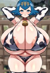 Rule 34 | 1girl, animal print, areola slip, arms behind head, bikini, blue eyes, blue hair, blurry, blurry background, blush, breasts, bright pupils, cameltoe, cleft of venus, cow print, cow print bikini, cowbell, creatures (company), detritus, female focus, game freak, gigantic breasts, highres, lana (pokemon), large areolae, looking at viewer, matching hair/eyes, nintendo, pokemon, pokemon sm, print bikini, shiny skin, short hair, solo, standing, swimsuit, white pupils