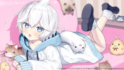 Rule 34 | 1girl, animal, azur lane, bird, black footwear, blue eyes, blush, capriccio, cat, chestnut mouth, clothes writing, collarbone, commentary request, copyright notice, couch, drawstring, fang, hair between eyes, hood, hood down, hoodie, legs up, long sleeves, looking at viewer, lying, manjuu (azur lane), official art, on couch, on stomach, open mouth, puffy long sleeves, puffy sleeves, shoe soles, shoes, short hair, sleeves past wrists, sock pull, socks, solo, split mouth, u-110 (azur lane), white hair, white hoodie, white socks