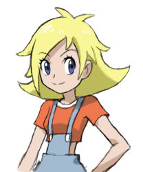 Rule 34 | 1girl, blonde hair, blue eyes, crop top, julie (pokemon), overalls, pokemon, pokemon (tcg), pokemon play it!, pokemon tcg, tagme