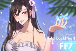 Rule 34 | 1girl, artist name, bare shoulders, bikini, black hair, blurry, blurry background, breasts, character name, cleavage, collarbone, final fantasy, final fantasy vii, final fantasy vii rebirth, final fantasy vii remake, flower, frilled bikini, frills, hair between eyes, hair flower, hair ornament, headset, highres, idol, large breasts, looking at viewer, official alternate costume, parted lips, red eyes, smile, snowspringcraft, solo, swimsuit, tifa lockhart, tifa lockhart (shining spirit), upper body, white bikini, wristband
