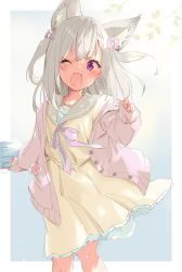 Rule 34 | 1girl, nanashi inc., ;d, animal ear fluff, animal ears, animare, cardigan, dress, fang, frilled dress, frills, highres, long hair, long sleeves, one eye closed, open cardigan, open clothes, open mouth, purple eyes, shirana tamana, shiromiya mimi, silver hair, sketch, sleeves past wrists, smile, suitcase, virtual youtuber, yellow dress