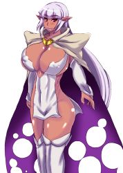 Rule 34 | 1girl, arcana heart, arcana heart 3, breasts, cape, cleavage, covered erect nipples, dark-skinned female, dark skin, highres, huge breasts, long hair, looking at viewer, parace l&#039;sia, pink eyes, pointy ears, purple hair, revealing clothes, shiny skin, smile, solo, thighhighs, thighs, torn cape, torn clothes, transparent background, very long hair, wakamoto ero mondo tadao, white thighhighs