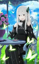 Rule 34 | 1girl, black dress, breasts, brown eyes, bug, butterfly, butterfly hair ornament, chair, colored eyelashes, cup, day, dress, echidna (re:zero), flower, glowing butterfly, hair between eyes, hair ornament, highres, holding, holding cup, insect, long hair, long sleeves, looking at viewer, medium breasts, official art, open mouth, outdoors, pink flower, pink rose, plate, re:zero kara hajimeru isekai seikatsu, rose, sitting, smile, striped, sunlight, umbrella, vertical stripes, white hair