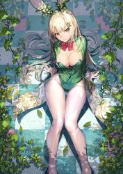 Rule 34 | 1girl, animal ears, blonde hair, bodysuit, bow, bowtie, breasts, checkered floor, falling leaves, feet out of frame, foliage, from above, green bodysuit, green eyes, green leotard, hair between eyes, hair ornament, ivy, knees together feet apart, large breasts, leaf, legs, leotard, long hair, long legs, looking at viewer, marble (stone), marble floor, nakanishi tatsuya, pantyhose, plant, playboy bunny, rabbit ears, red bow, see-through, see-through legwear, shade, showgirl skirt, sitting, solo, thighs, tile floor, tiles, tree shade, very long hair, vines