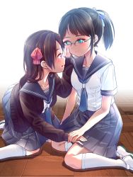 Rule 34 | 2girls, black hair, blazer, blouse, blue bow, blue neckwear, blue ribbon, blush, bow, breasts, commentary request, eye contact, floor, from side, glasses, green eyes, hair bow, hand grab, hand on another&#039;s face, jacket, kneeling, long hair, looking at another, mendou saya, multiple girls, necktie, on floor, open mouth, original, pink bow, pleated skirt, ponytail, red eyes, ribbon, sailor collar, school uniform, serafuku, shirt, sitting, skirt, socks, white shirt, white socks, yuri