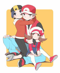 Rule 34 | 1girl, 2boys, backwards hat, bad id, bad pixiv id, baseball cap, black hair, black pants, blue pants, bow, brown eyes, brown hair, cabbie hat, capri pants, closed mouth, commentary request, creatures (company), ethan (pokemon), game freak, hat, hat bow, jacket, long hair, looking back, lyra (pokemon), multiple boys, nintendo, pants, parted lips, pokemon, pokemon frlg, pokemon hgss, pumpkinpan, red (pokemon), red bow, red footwear, red headwear, red jacket, red shirt, shirt, shoes, short hair, short sleeves, sitting, sweatdrop, thighhighs, twintails, white headwear, white thighhighs