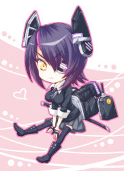 Rule 34 | &gt;:&lt;, 10s, 1girl, :&lt;, breasts, cardigan, chibi, closed mouth, cyotto, eyepatch, fingerless gloves, gloves, headgear, heart, highres, kantai collection, necktie, personification, purple hair, school uniform, short hair, solo, sword, tenryuu (kancolle), thighhighs, v-shaped eyebrows, weapon, yellow eyes